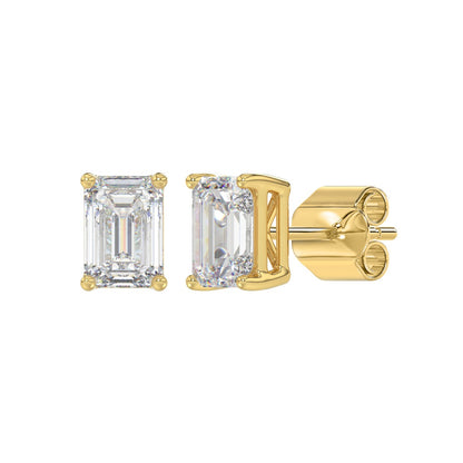 4-Prong Basket Emerald Cut Diamond Stud Earrings 2.5 ct, 10K Yellow Gold, angled view