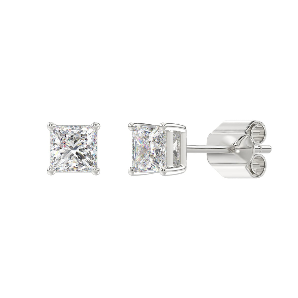 4-Prong Basket Princess Diamond Stud Earrings 1.5 ct, 10K White Gold, angled view