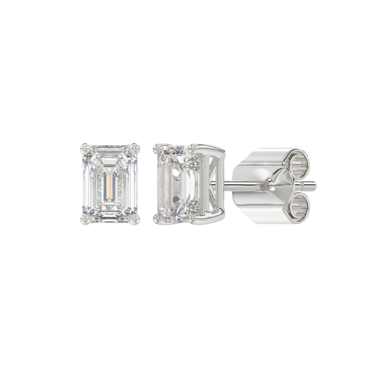 4-Prong Basket Emerald Cut Diamond Stud Earrings 1.5 ct, 10K White Gold, angled view