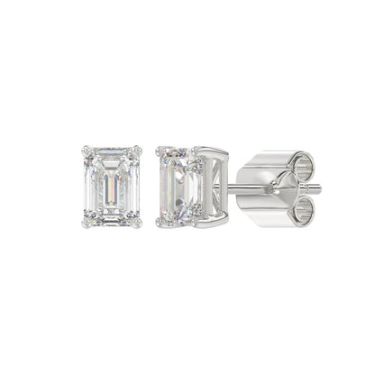 4-Prong Basket Emerald Cut Diamond Stud Earrings 1.5 ct, 10K White Gold, angled view