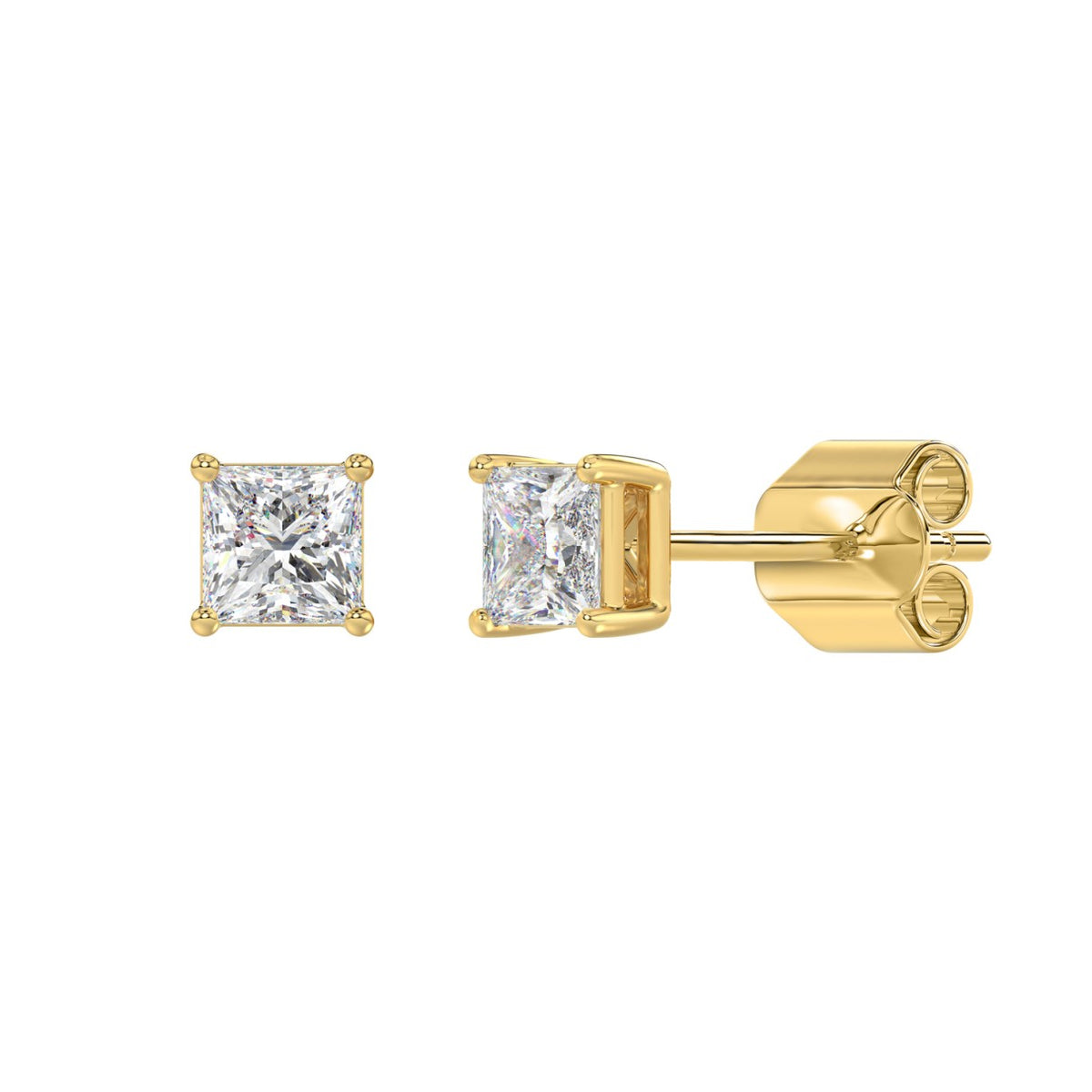 4-Prong Basket Princess Diamond Stud Earrings 1 ct, 10K Yellow Gold, angled view
