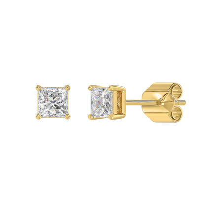 4-Prong Basket Princess Diamond Stud Earrings 1 ct, 10K Yellow Gold, angled view