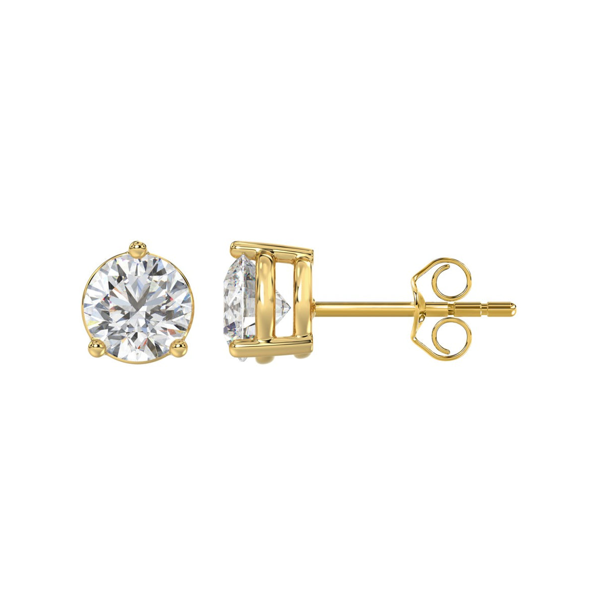 3-Prong Basket Round Brilliant Diamond Stud Earrings 2.5 ct, 10K Yellow Gold, flat view