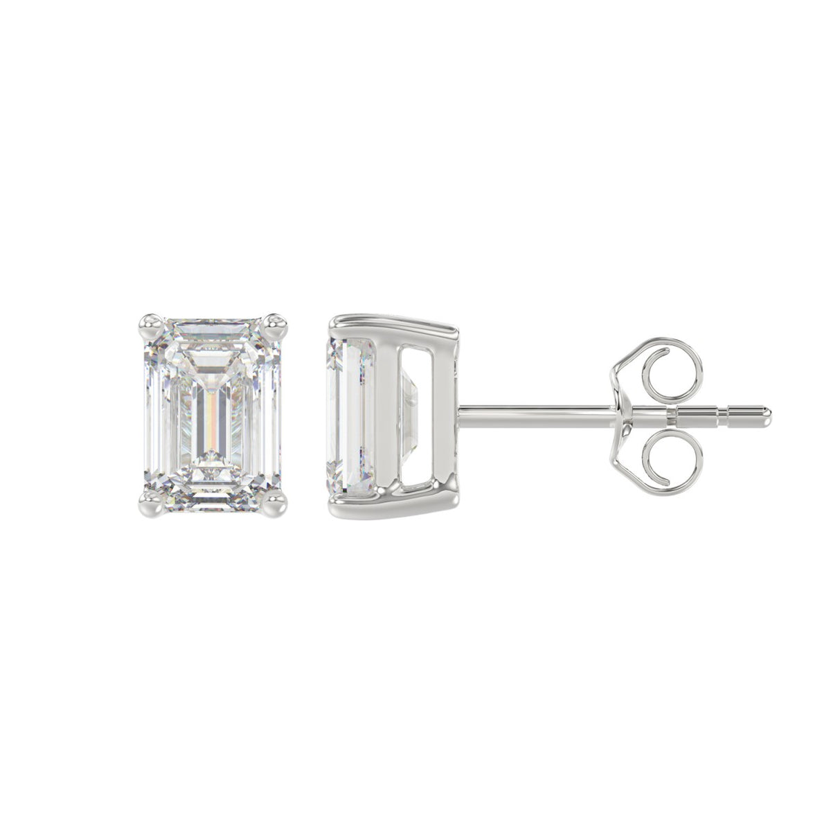 4-Prong Basket Emerald Cut Diamond Stud Earrings 2 ct, 10K White Gold, flat view