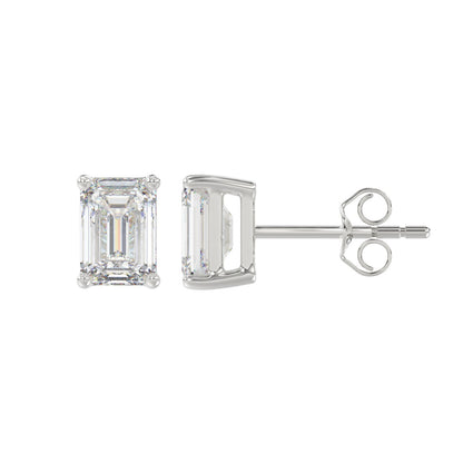 4-Prong Basket Emerald Cut Diamond Stud Earrings 2 ct, 10K White Gold, flat view