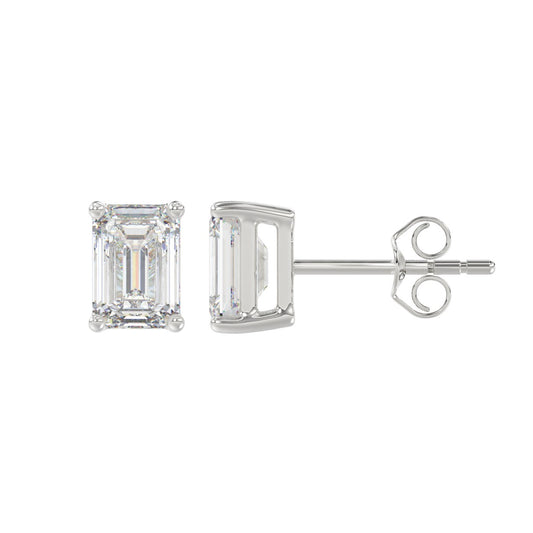 4-Prong Basket Emerald Cut Diamond Stud Earrings 2 ct, 10K White Gold, flat view
