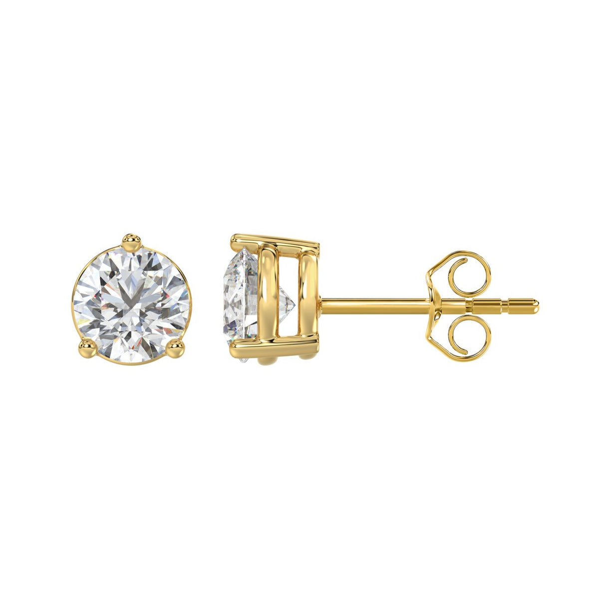 3-Prong Basket Round Brilliant Diamond Stud Earrings 3 ct, 10K Yellow Gold, flat view