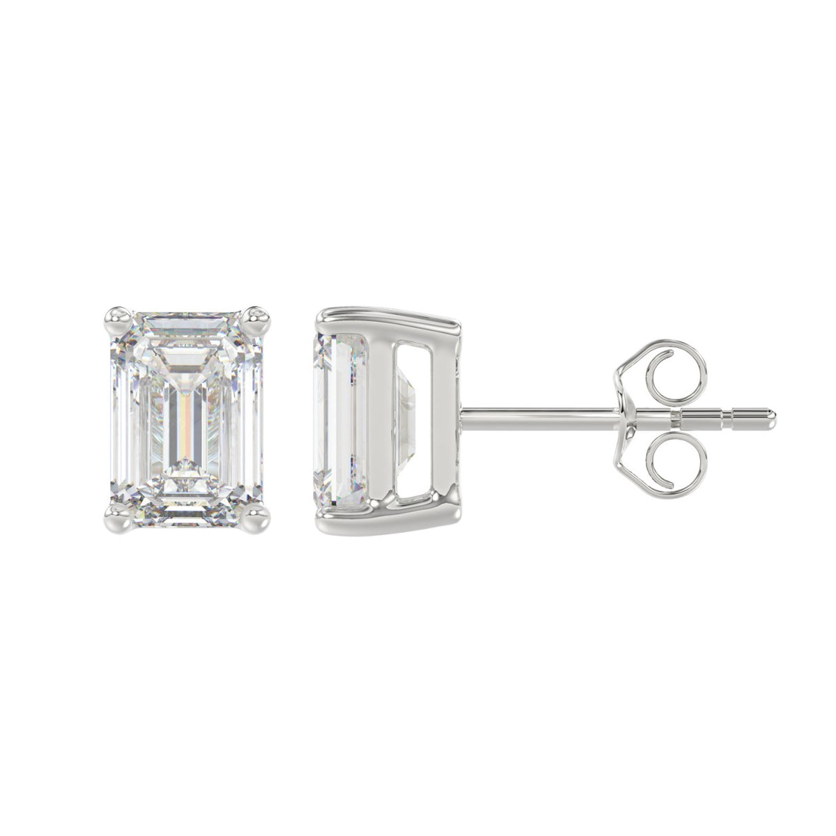 4-Prong Basket Emerald Cut Diamond Stud Earrings 3 ct, 10K White Gold, flat view