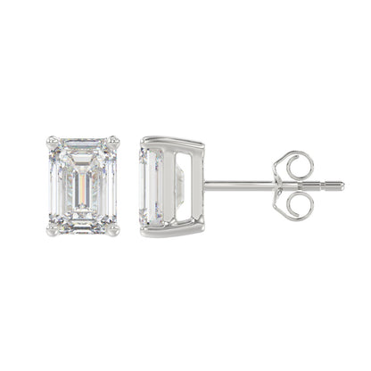4-Prong Basket Emerald Cut Diamond Stud Earrings 3 ct, 10K White Gold, flat view