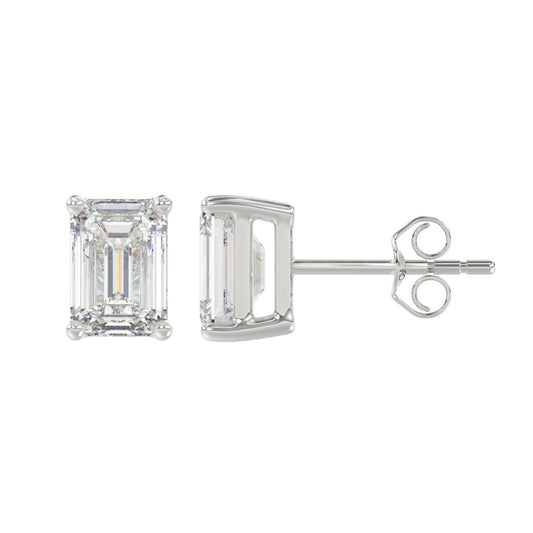 4-Prong Basket Emerald Cut Diamond Stud Earrings 3 ct, 10K White Gold, flat view