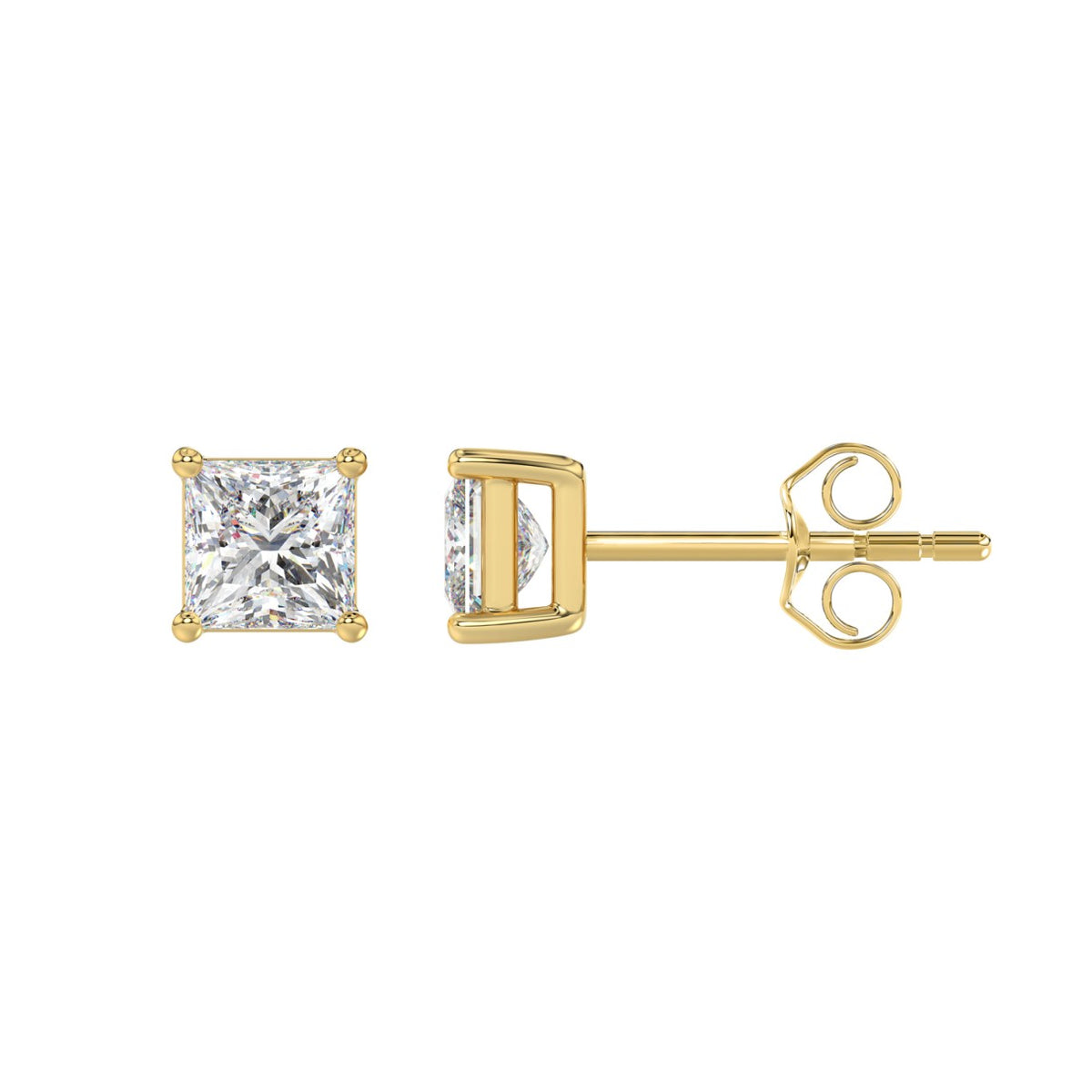 4-Prong Basket Princess Diamond Stud Earrings 1.5 ct, 10K Yellow Gold, flat view