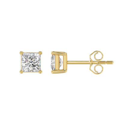 4-Prong Basket Princess Diamond Stud Earrings 1.5 ct, 10K Yellow Gold, flat view