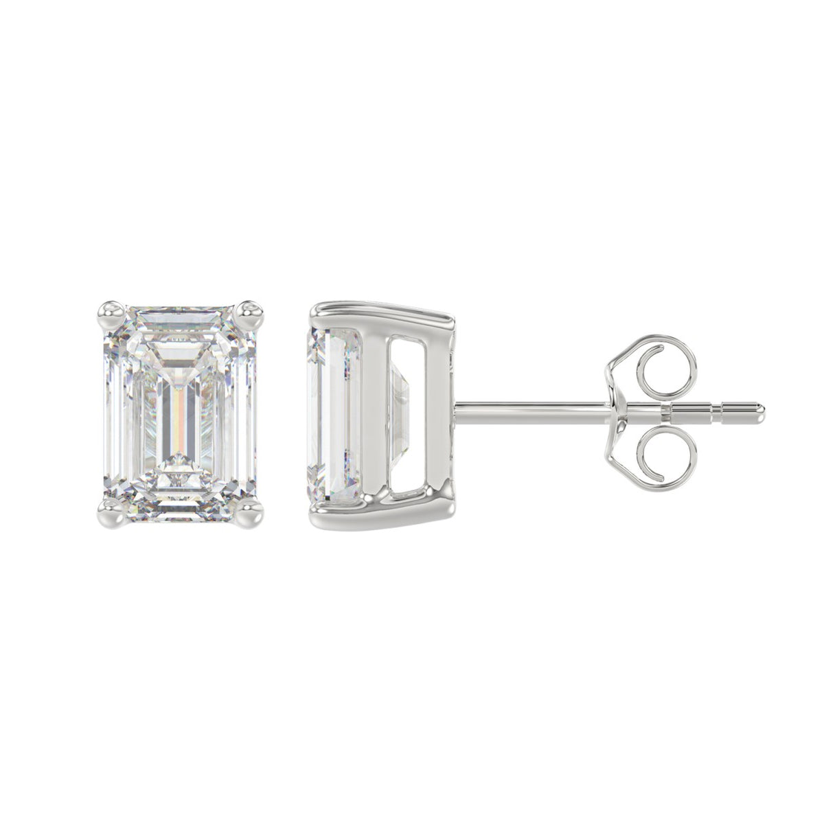4-Prong Basket Emerald Cut Diamond Stud Earrings 4 ct, 10K White Gold, flat view