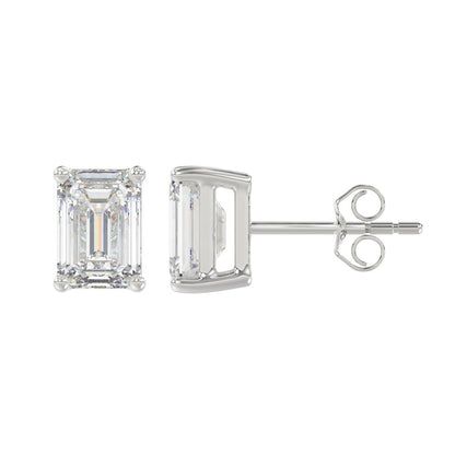 4-Prong Basket Emerald Cut Diamond Stud Earrings 4 ct, 10K White Gold, flat view