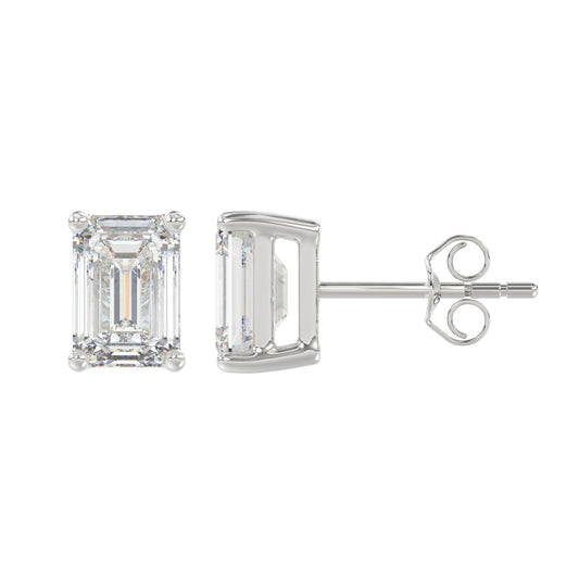 4-Prong Basket Emerald Cut Diamond Stud Earrings 4 ct, 10K White Gold, flat view