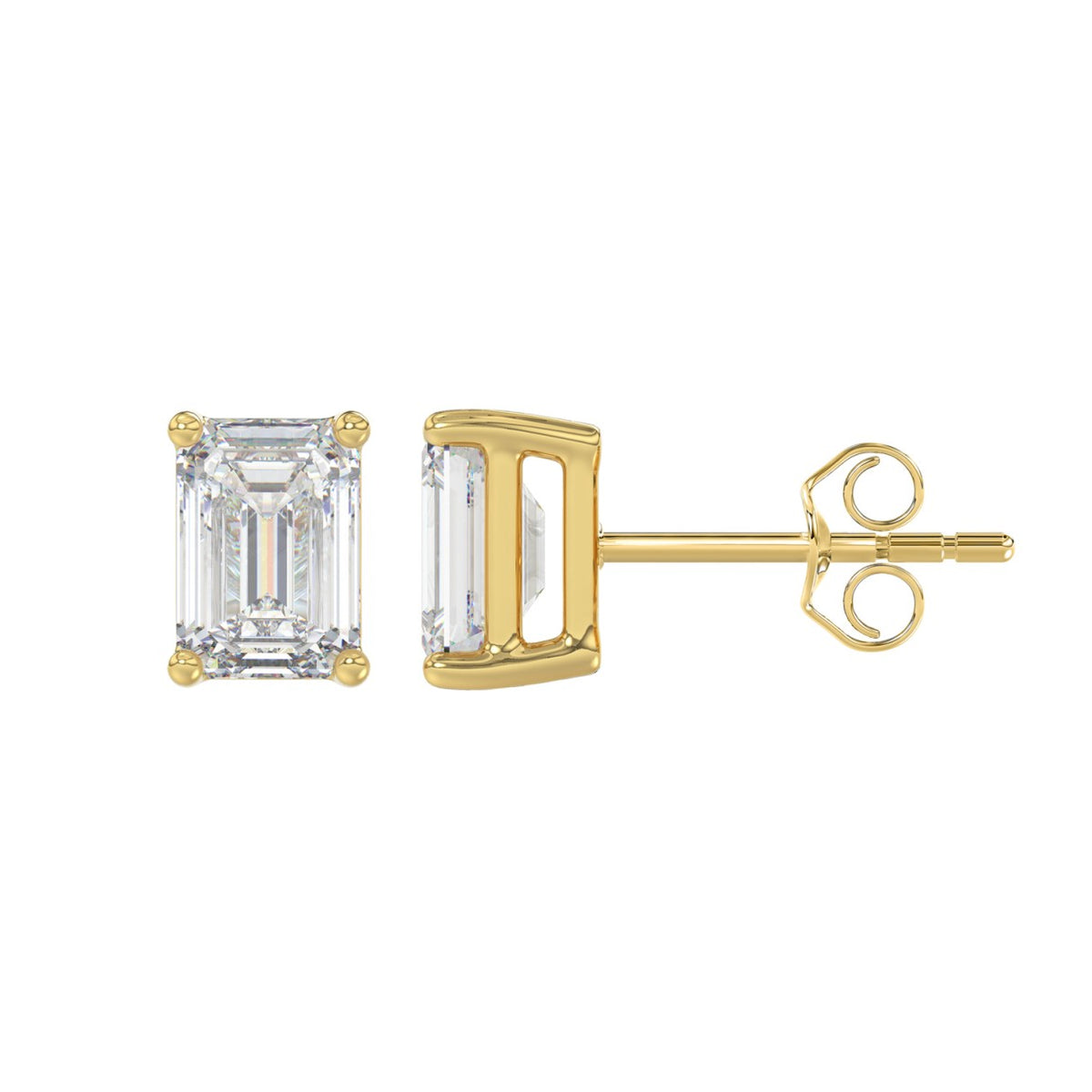 4-Prong Basket Emerald Cut Diamond Stud Earrings 2.5 ct, 10K Yellow Gold, flat view