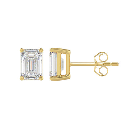 4-Prong Basket Emerald Cut Diamond Stud Earrings 2.5 ct, 10K Yellow Gold, flat view