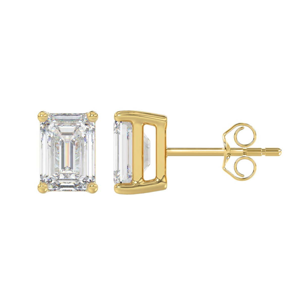 4-Prong Basket Emerald Cut Diamond Stud Earrings 3 ct, 10K Yellow Gold, flat view