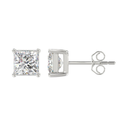 4-Prong Basket Princess Diamond Stud Earrings 3 ct, 10K White Gold, flat view