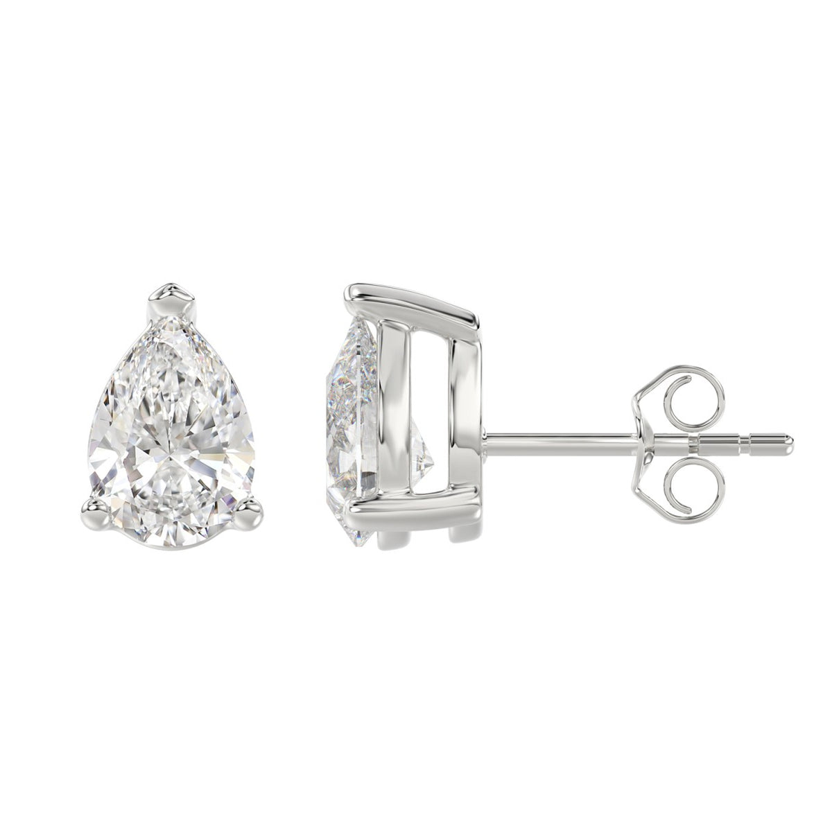 3-Prong Basket Pear Diamond Stud Earrings 4 ct, 10K White Gold, flat view