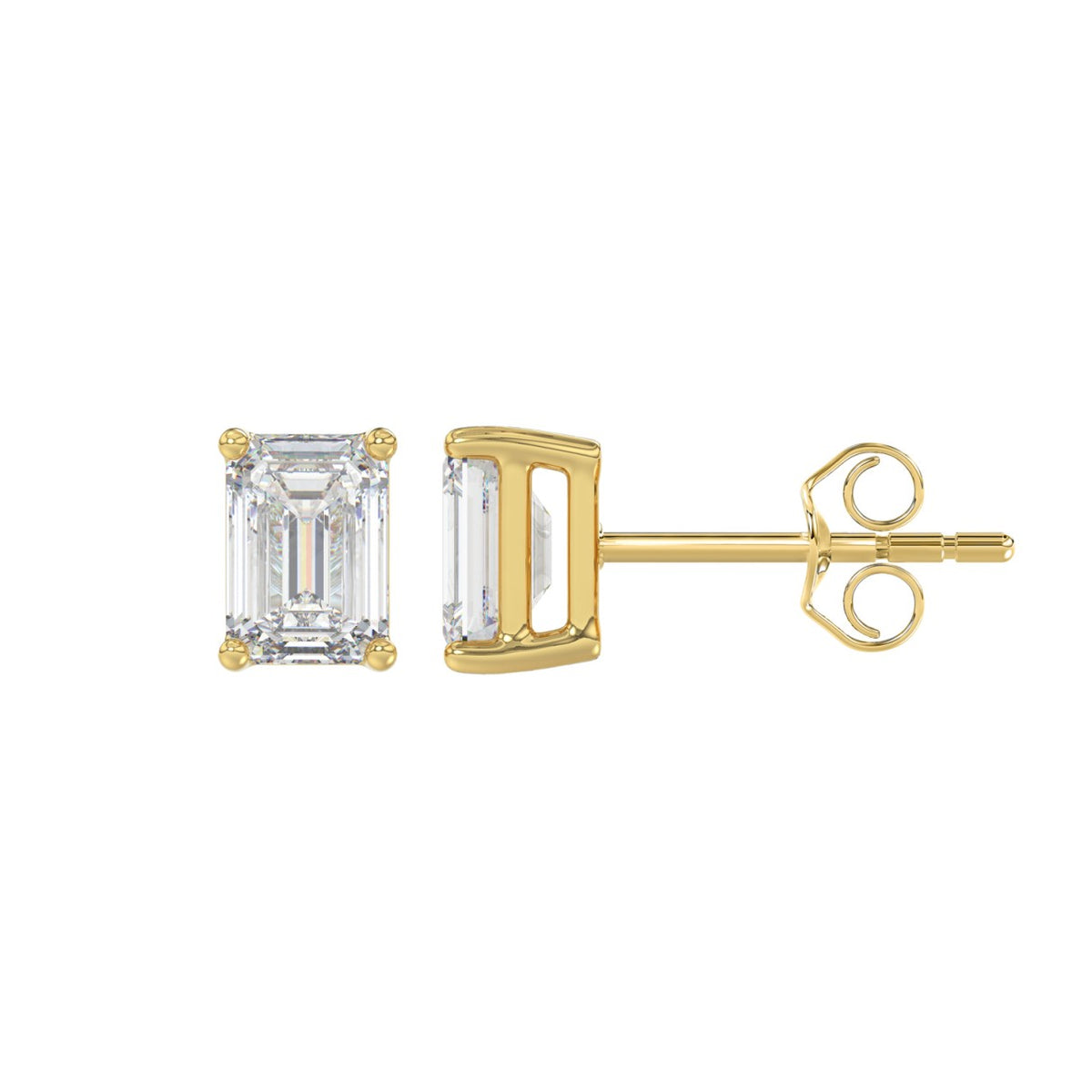 4-Prong Basket Emerald Cut Diamond Stud Earrings 1.5 ct, 10K Yellow Gold, flat view