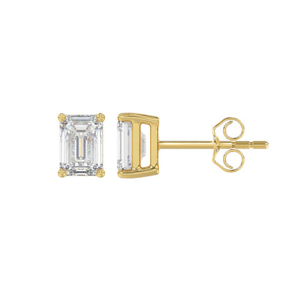 4-Prong Basket Emerald Cut Diamond Stud Earrings 1.5 ct, 10K Yellow Gold, flat view
