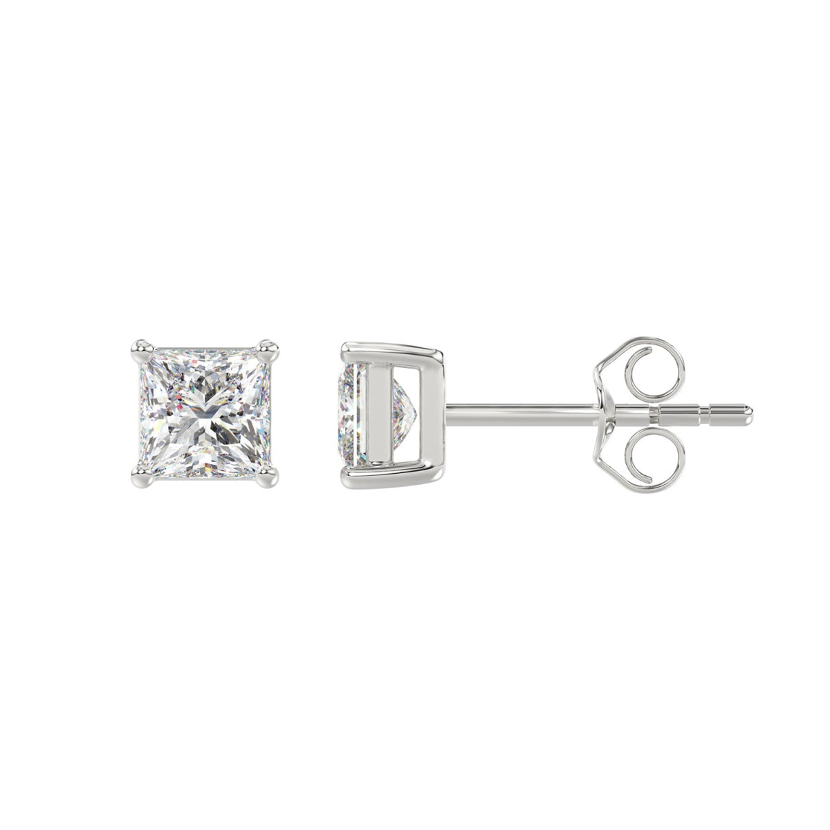 4-Prong Basket Princess Diamond Stud Earrings 1.5 ct, 10K White Gold, flat view