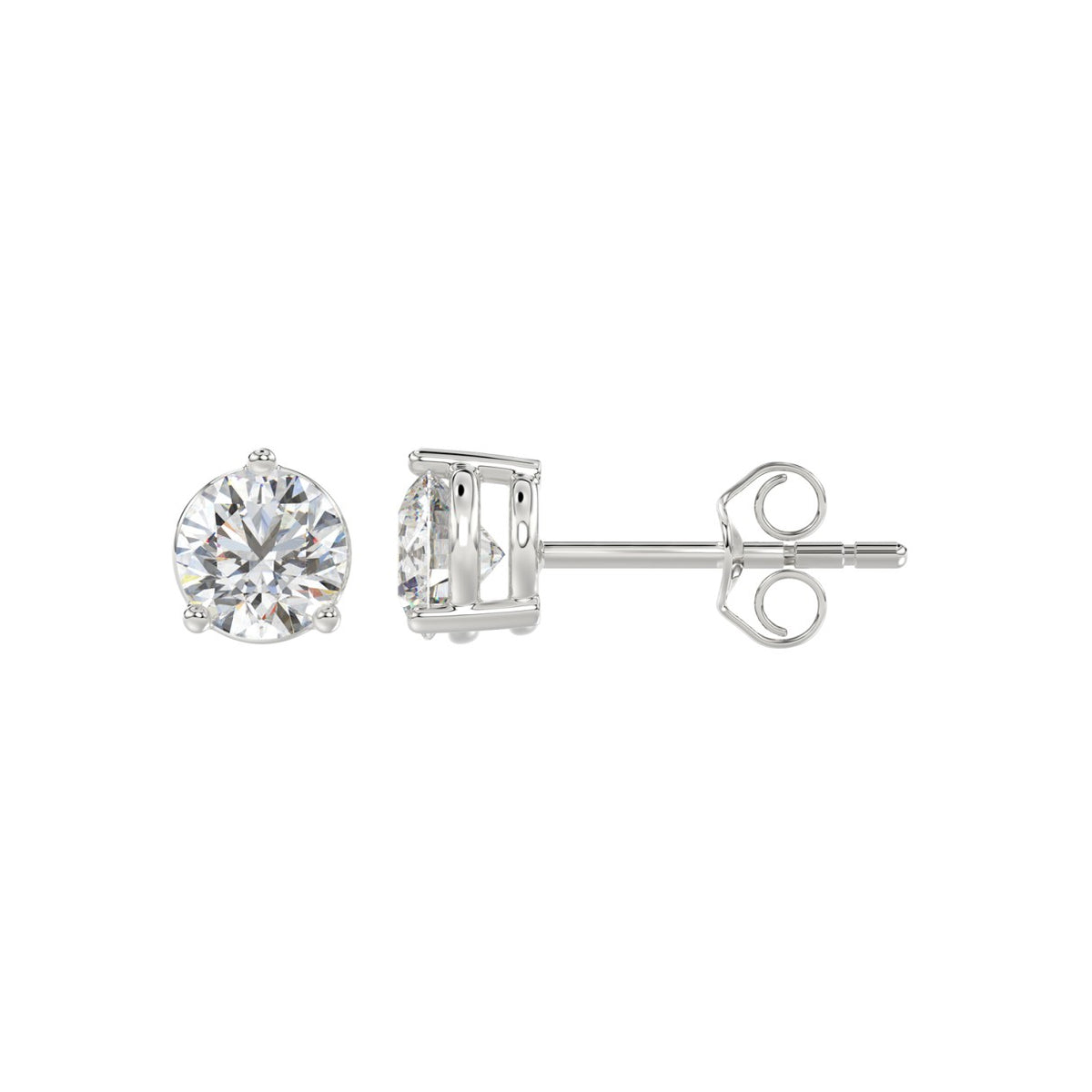 3-Prong Basket Round Brilliant Diamond Stud Earrings 1.5 ct, 10K White Gold, flat view