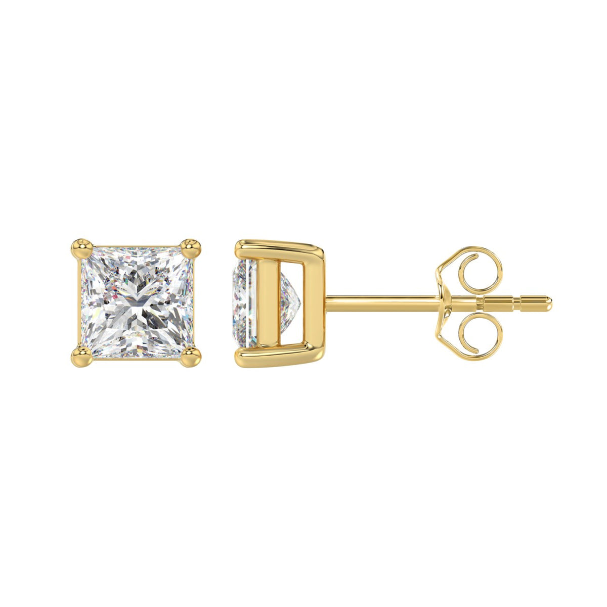 4-Prong Basket Princess Diamond Stud Earrings 2.5 ct, 10K Yellow Gold, flat view
