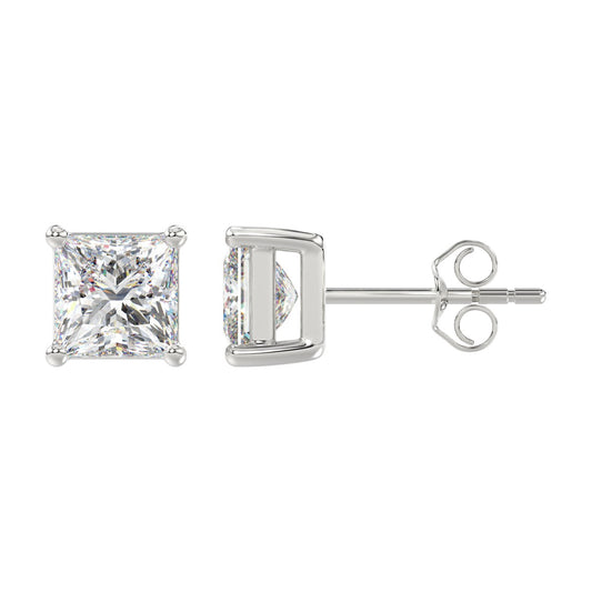 4-Prong Basket Princess Diamond Stud Earrings 4 ct, 10K White Gold, flat view
