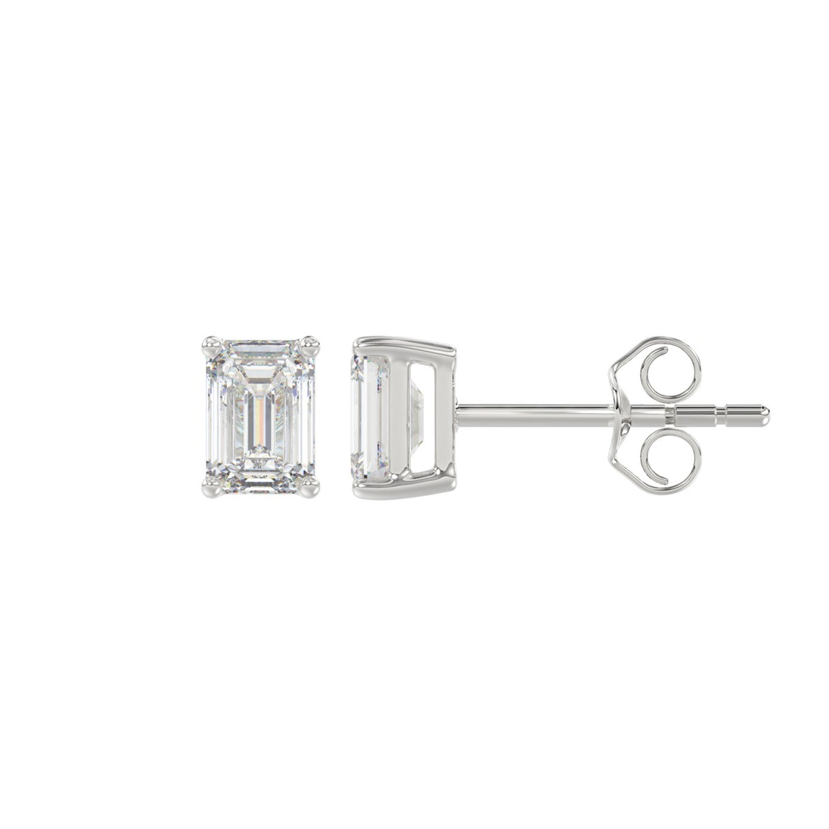 4-Prong Basket Emerald Cut Diamond Stud Earrings 1 ct, 10K White Gold, flat view