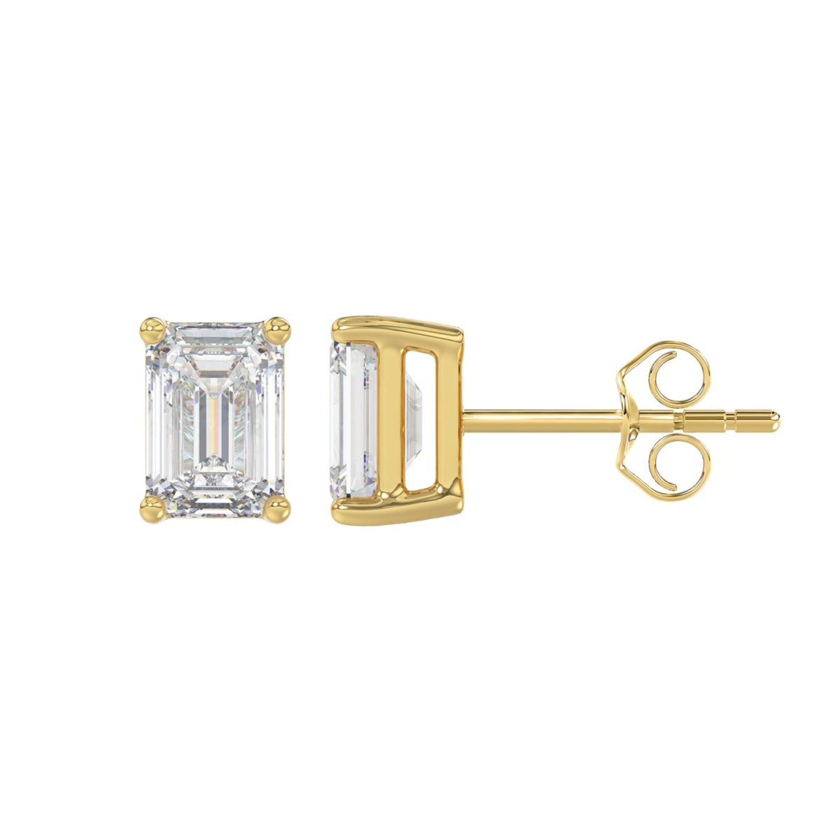 4-Prong Basket Emerald Cut Diamond Stud Earrings 2 ct, 10K Yellow Gold, flat view