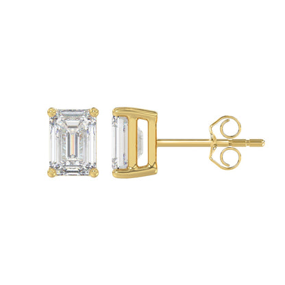 4-Prong Basket Emerald Cut Diamond Stud Earrings 2 ct, 10K Yellow Gold, flat view