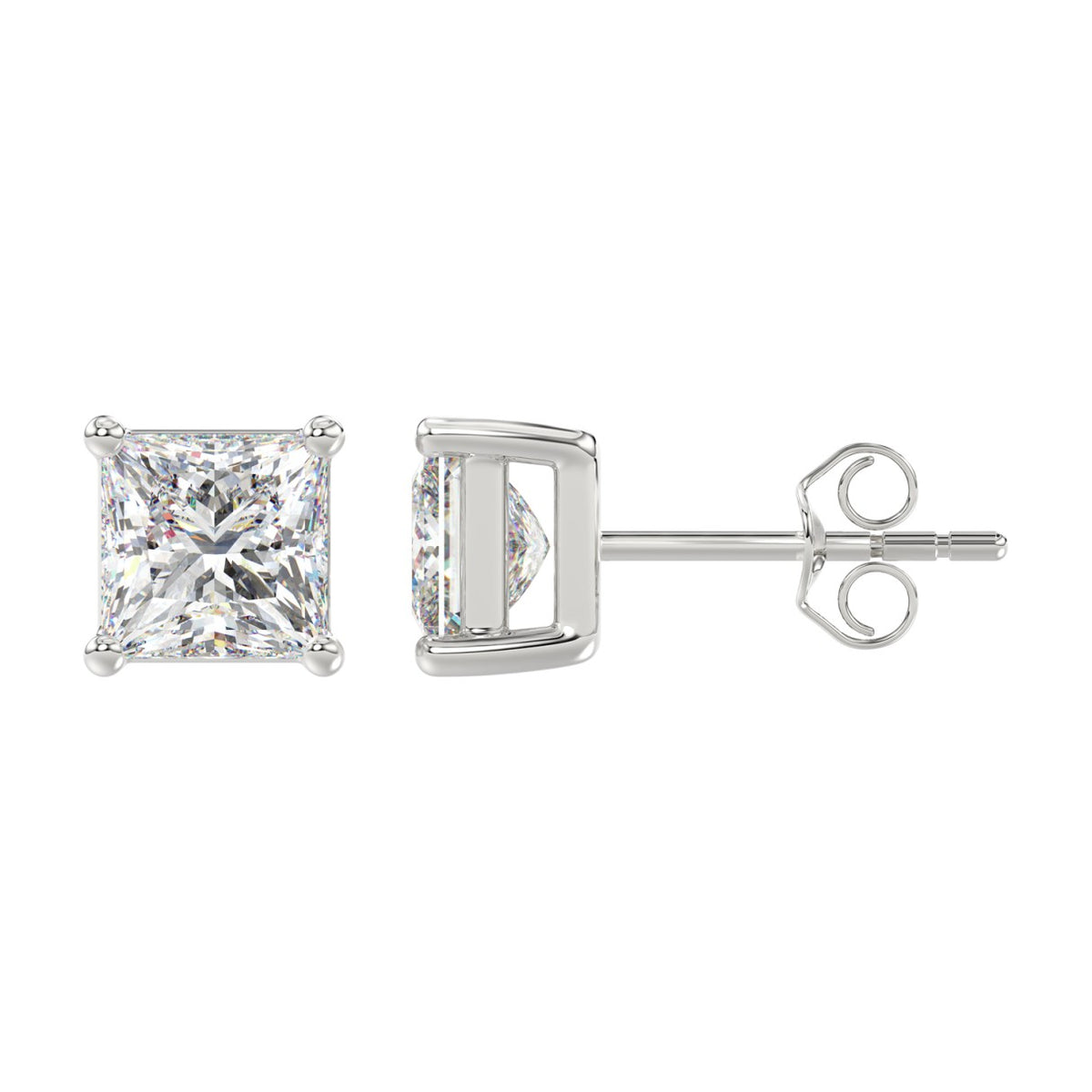 4-Prong Basket Princess Diamond Stud Earrings 4 ct, 10K White Gold, flat view