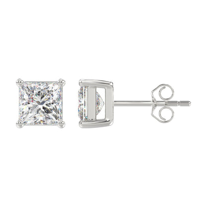 4-Prong Basket Princess Diamond Stud Earrings 4 ct, 10K White Gold, flat view