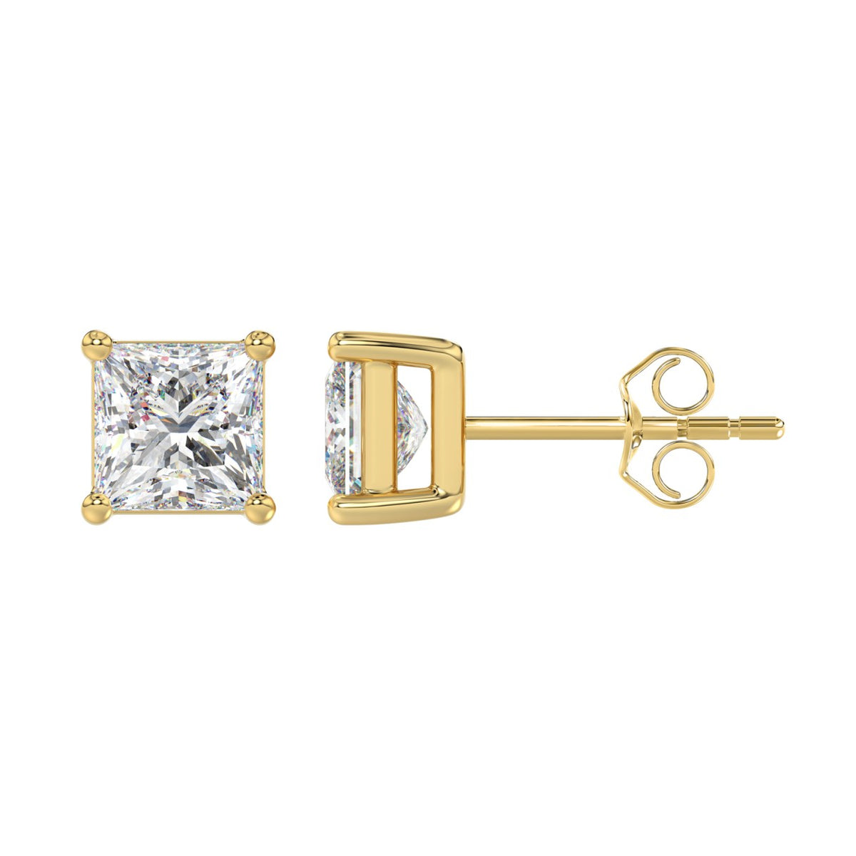 4-Prong Basket Princess Diamond Stud Earrings 3 ct, 10K Yellow Gold, flat view