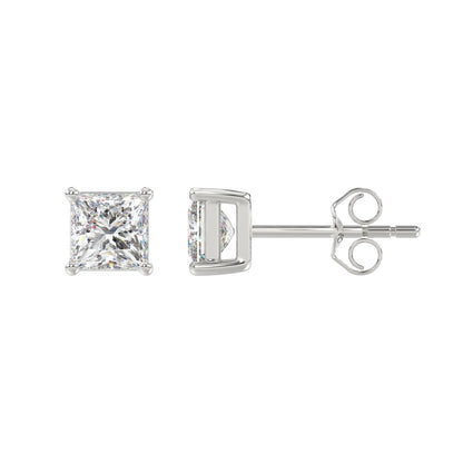 4-Prong Basket Princess Diamond Stud Earrings 2 ct, 10K White Gold, flat view