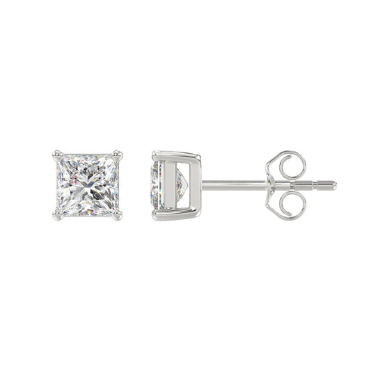 4-Prong Basket Princess Diamond Stud Earrings 2 ct, 10K White Gold, flat view