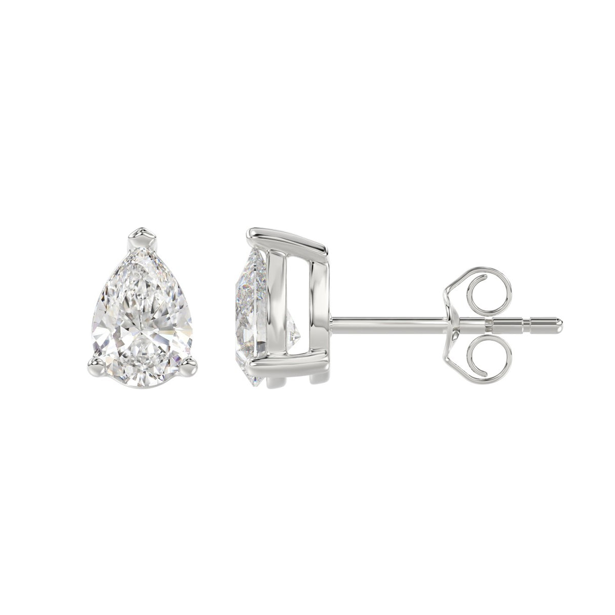 3-Prong Basket Pear Diamond Stud Earrings 2 ct, 10K White Gold, flat view