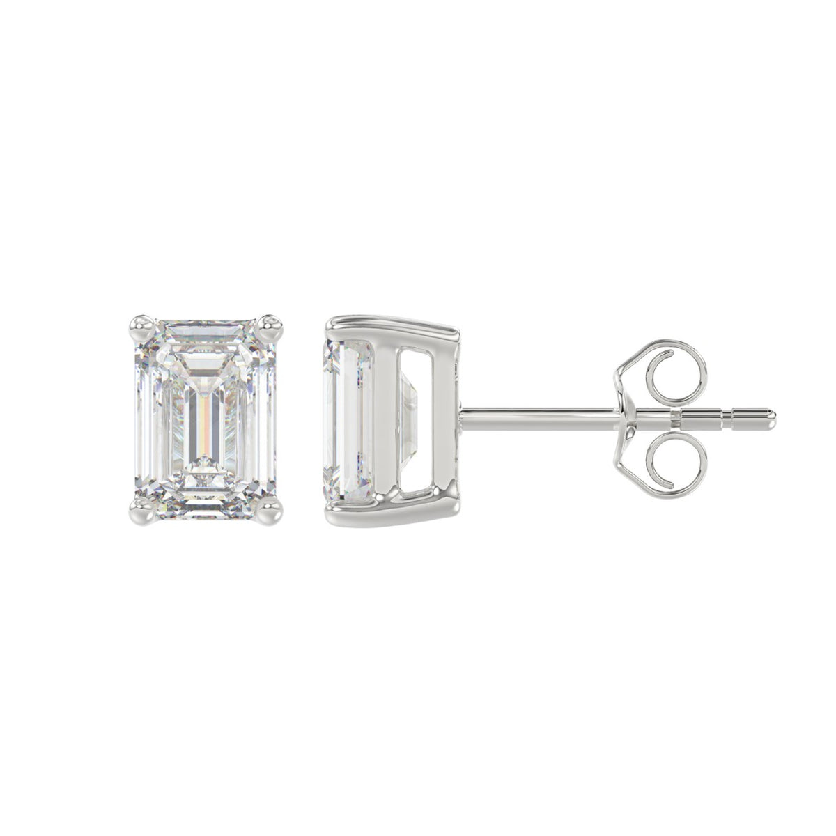 4-Prong Basket Emerald Cut Diamond Stud Earrings 2.5 ct, 10K White Gold, flat view