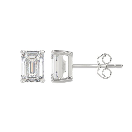 4-Prong Basket Emerald Cut Diamond Stud Earrings 2.5 ct, 10K White Gold, flat view