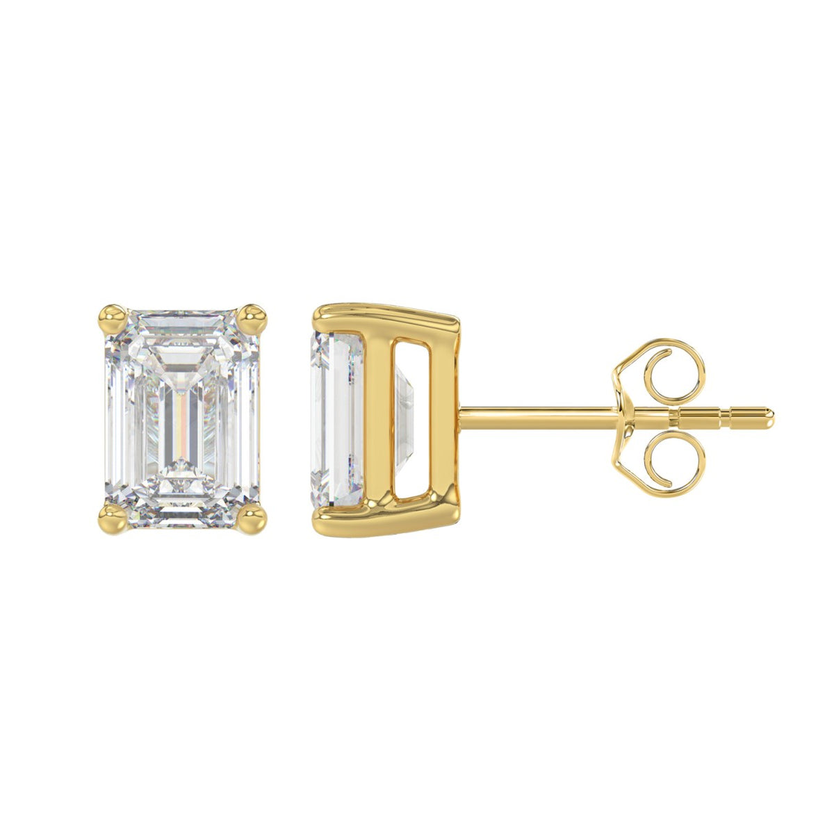 4-Prong Basket Emerald Cut Diamond Stud Earrings 4 ct, 10K Yellow Gold, flat view