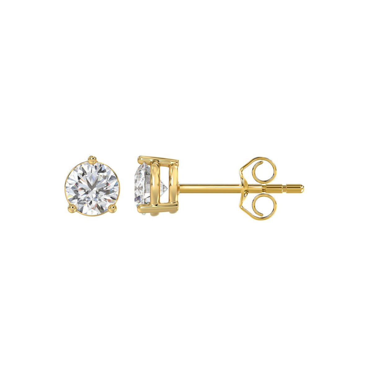 3-Prong Basket Round Brilliant Diamond Stud Earrings 1 ct, 10K Yellow Gold, flat view