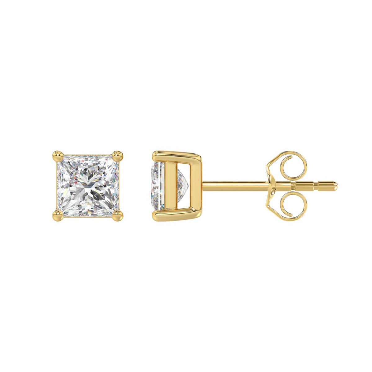 4-Prong Basket Princess Diamond Stud Earrings 2 ct, 10K Yellow Gold, flat view