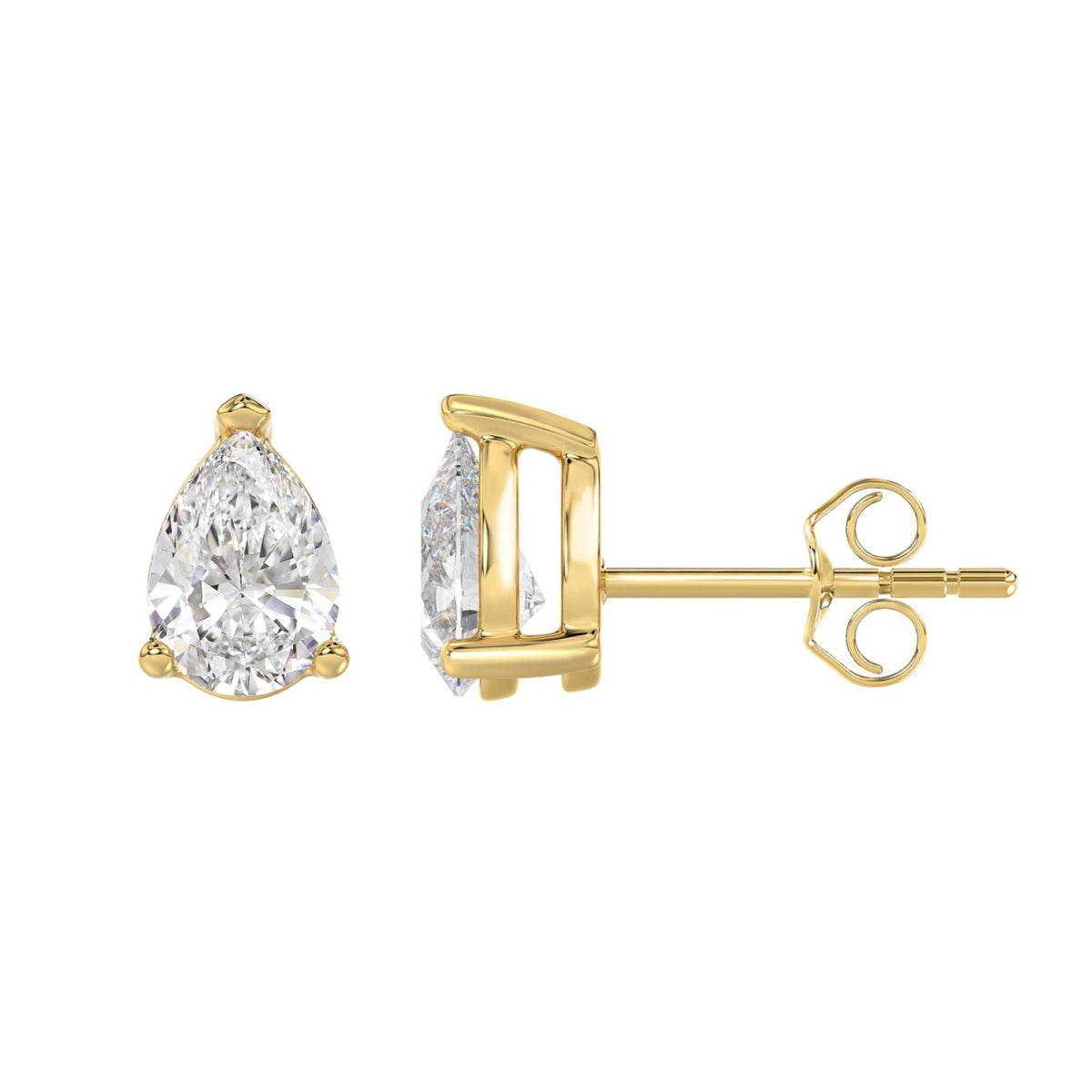 3-Prong Basket Pear Diamond Stud Earrings 2.5 ct, 10K Yellow Gold, flat view