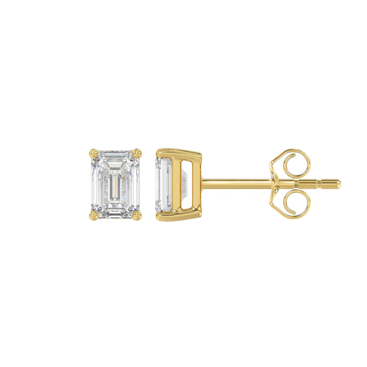 4-Prong Basket Emerald Cut Diamond Stud Earrings 1 ct, 10K Yellow Gold, flat view