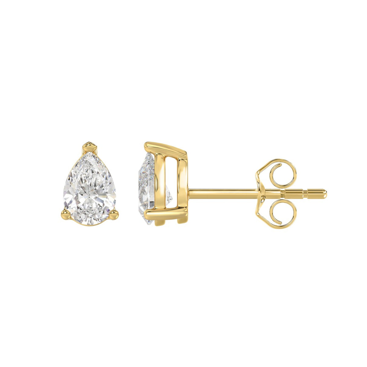 3-Prong Basket Pear Diamond Stud Earrings 1 ct, 10K Yellow Gold, flat view