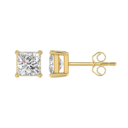 4-Prong Basket Princess Diamond Stud Earrings 2.5 ct, 10K Yellow Gold, flat view