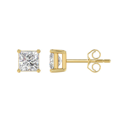 4-Prong Basket Princess Diamond Stud Earrings 2 ct, 10K Yellow Gold, flat view