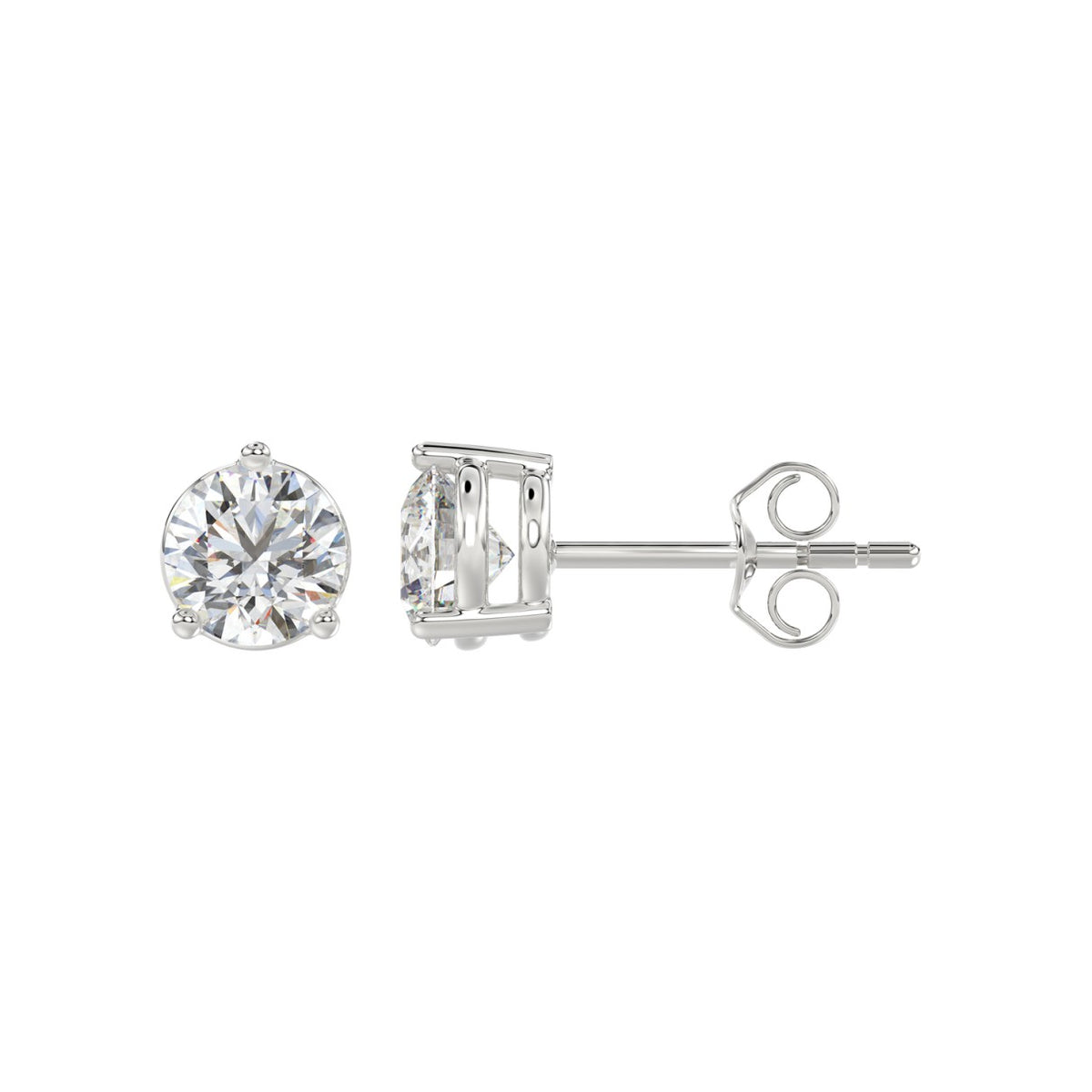 3-Prong Basket Round Brilliant Diamond Stud Earrings 2 ct, 10K White Gold, flat view